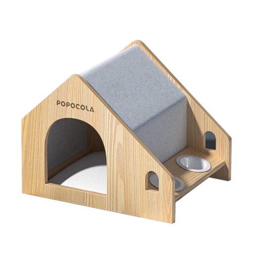 POPOCOLA Pine Wood Wooden Pet House (no bowls)