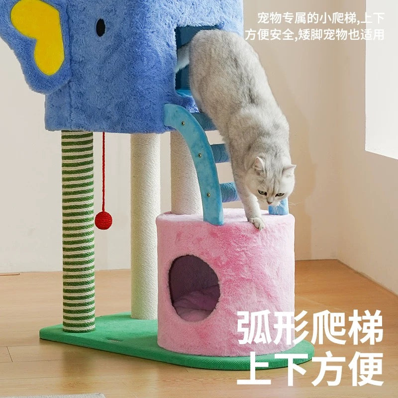 Elephant-Themed Multi-Level Cat Tree with Scratching Posts & Cozy Hideouts