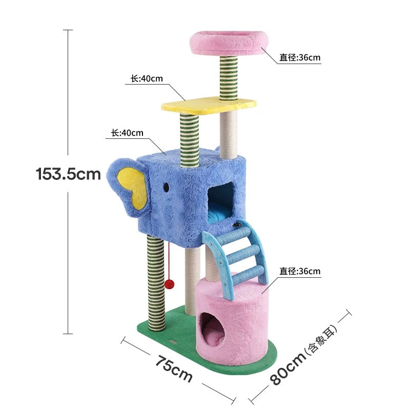 Elephant-Themed Multi-Level Cat Tree with Scratching Posts & Cozy Hideouts