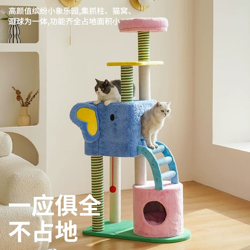 Elephant-Themed Multi-Level Cat Tree with Scratching Posts & Cozy Hideouts