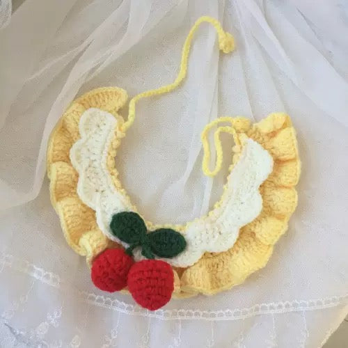 Sunny Berry Pet Collar - Crochet Yellow with Cherries