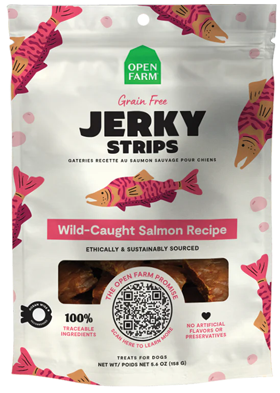 OPEN FARM® GRAIN FREE JERKY STRIPS WILD-CAUGHT SALMON RECIPE DOG TREAT 5.6OZ