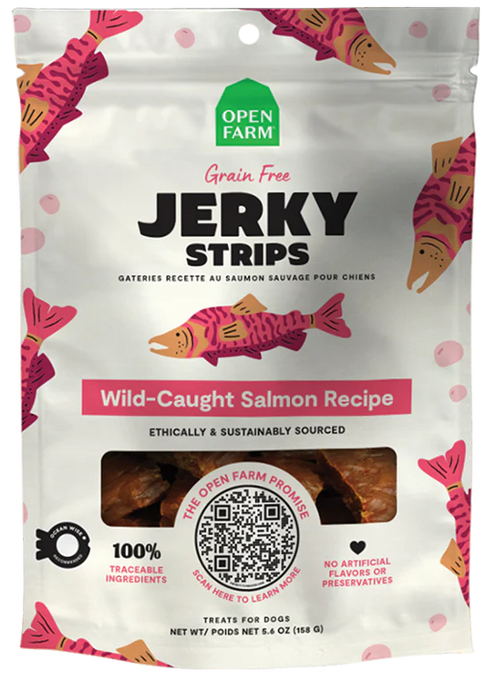 OPEN FARM® GRAIN FREE JERKY STRIPS WILD-CAUGHT SALMON RECIPE DOG TREAT 5.6OZ