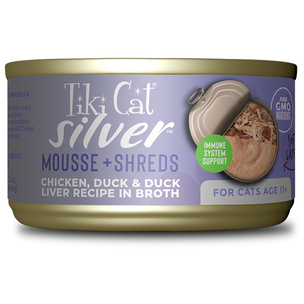 TIKI CAT® SILVER™ MOUSSE + SHREDS CHICKEN, DUCK & DUCK LIVER RECIPE IN BROTH WET CAT FOOD 2.4OZ*3pk