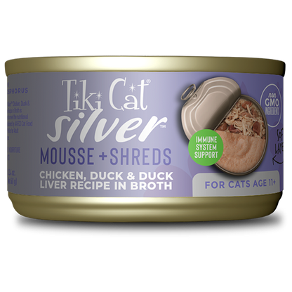 TIKI CAT® SILVER™ MOUSSE + SHREDS CHICKEN, DUCK & DUCK LIVER RECIPE IN BROTH WET CAT FOOD 2.4OZ*3pk