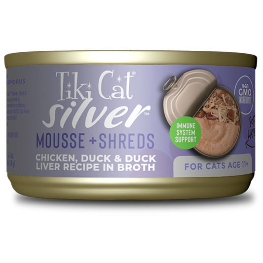 TIKI CAT® SILVER™ MOUSSE + SHREDS CHICKEN, DUCK & DUCK LIVER RECIPE IN BROTH WET CAT FOOD 2.4OZ*3pk