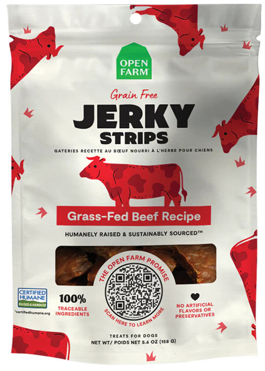 OPEN FARM® GRAIN FREE JERKY STRIPS GRASS-FED BEEF RECIPE DOG TREAT 5.6OZ