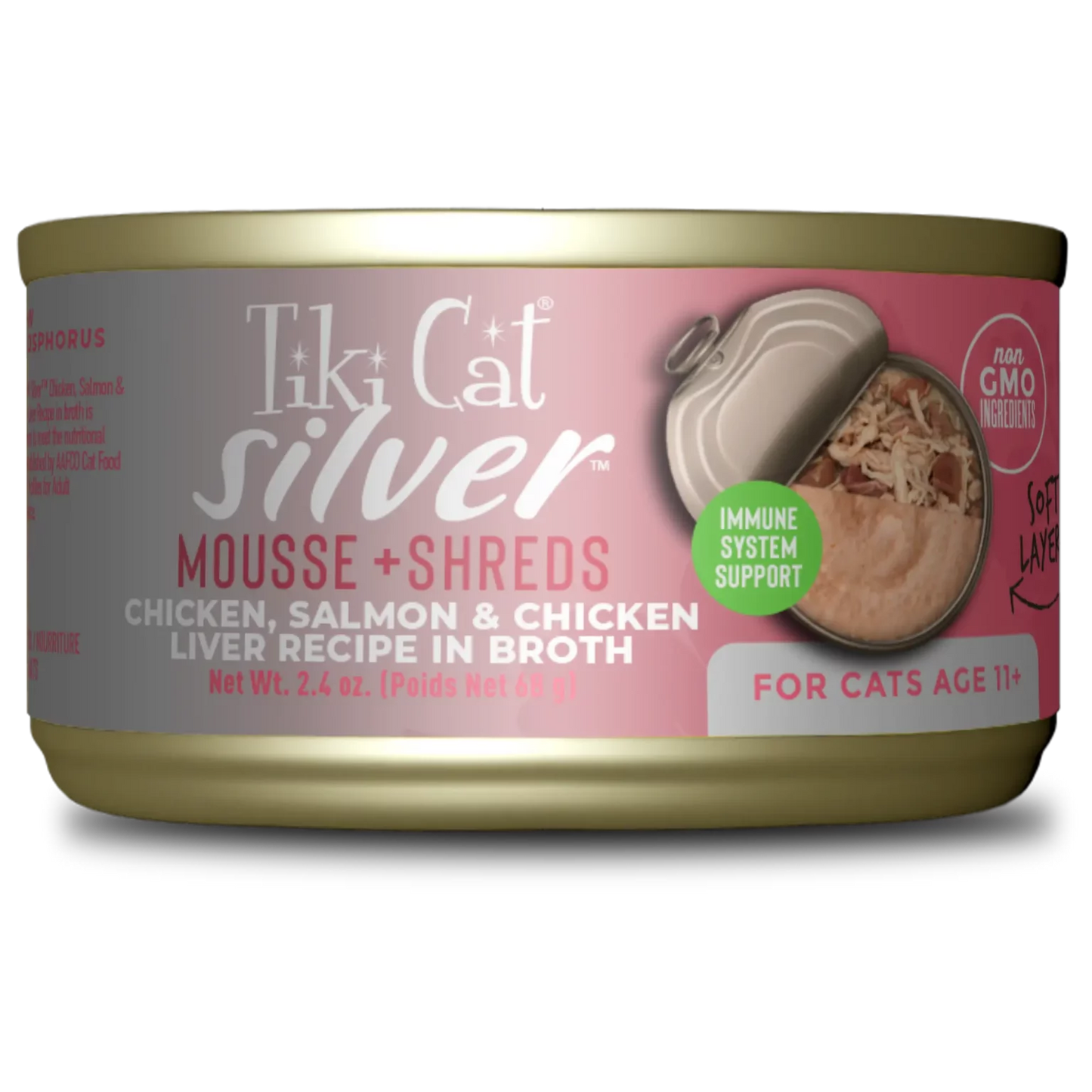 TIKI CAT® SILVER™ MOUSSE + SHREDS CHICKEN, SALMON & CHICKEN LIVER RECIPE IN BROTH WET CAT FOOD 2.4OZ*3pk