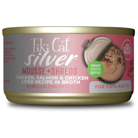 TIKI CAT® SILVER™ MOUSSE + SHREDS CHICKEN, SALMON & CHICKEN LIVER RECIPE IN BROTH WET CAT FOOD 2.4OZ*3pk