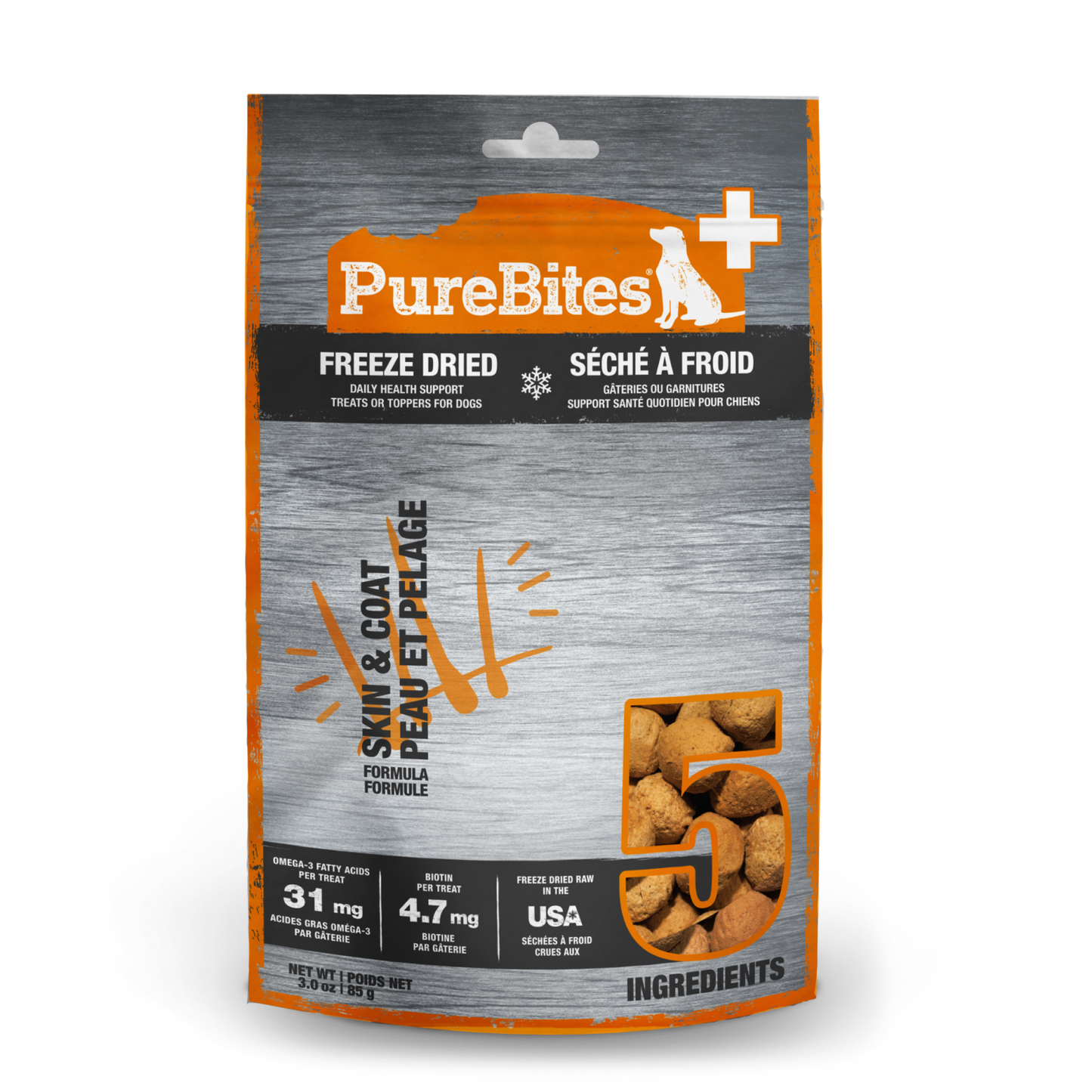 PUREBITES®+ SKIN & COAT FORMULA FREEZE DRIED DAILY HEALTH SUPPLEMENT FOR DOGS 85G