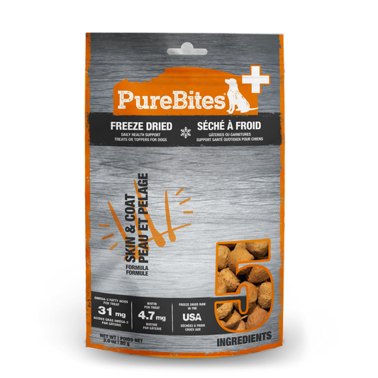 PUREBITES®+ SKIN & COAT FORMULA FREEZE DRIED DAILY HEALTH SUPPLEMENT FOR DOGS 85G