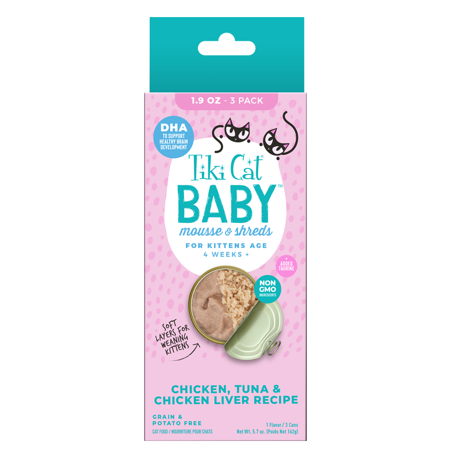 TIKI CAT® BABY™ MOUSSE & SHREDS FOR KITTENS AGE 4 WEEKS + CHICKEN, TUNA & CHICKEN LIVER RECIPE WET CAT FOOD 3 X 1.9OZ