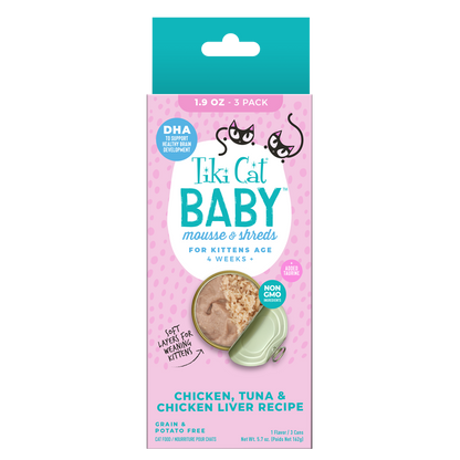 TIKI CAT® BABY™ MOUSSE & SHREDS FOR KITTENS AGE 4 WEEKS + CHICKEN, TUNA & CHICKEN LIVER RECIPE WET CAT FOOD 3 X 1.9OZ