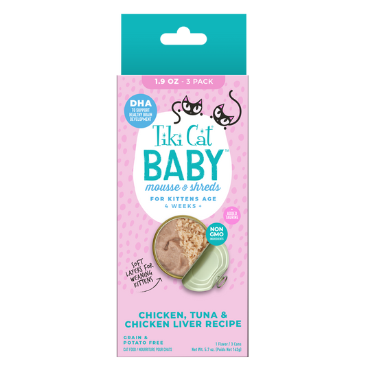 TIKI CAT® BABY™ MOUSSE & SHREDS FOR KITTENS AGE 4 WEEKS + CHICKEN, TUNA & CHICKEN LIVER RECIPE WET CAT FOOD 3 X 1.9OZ