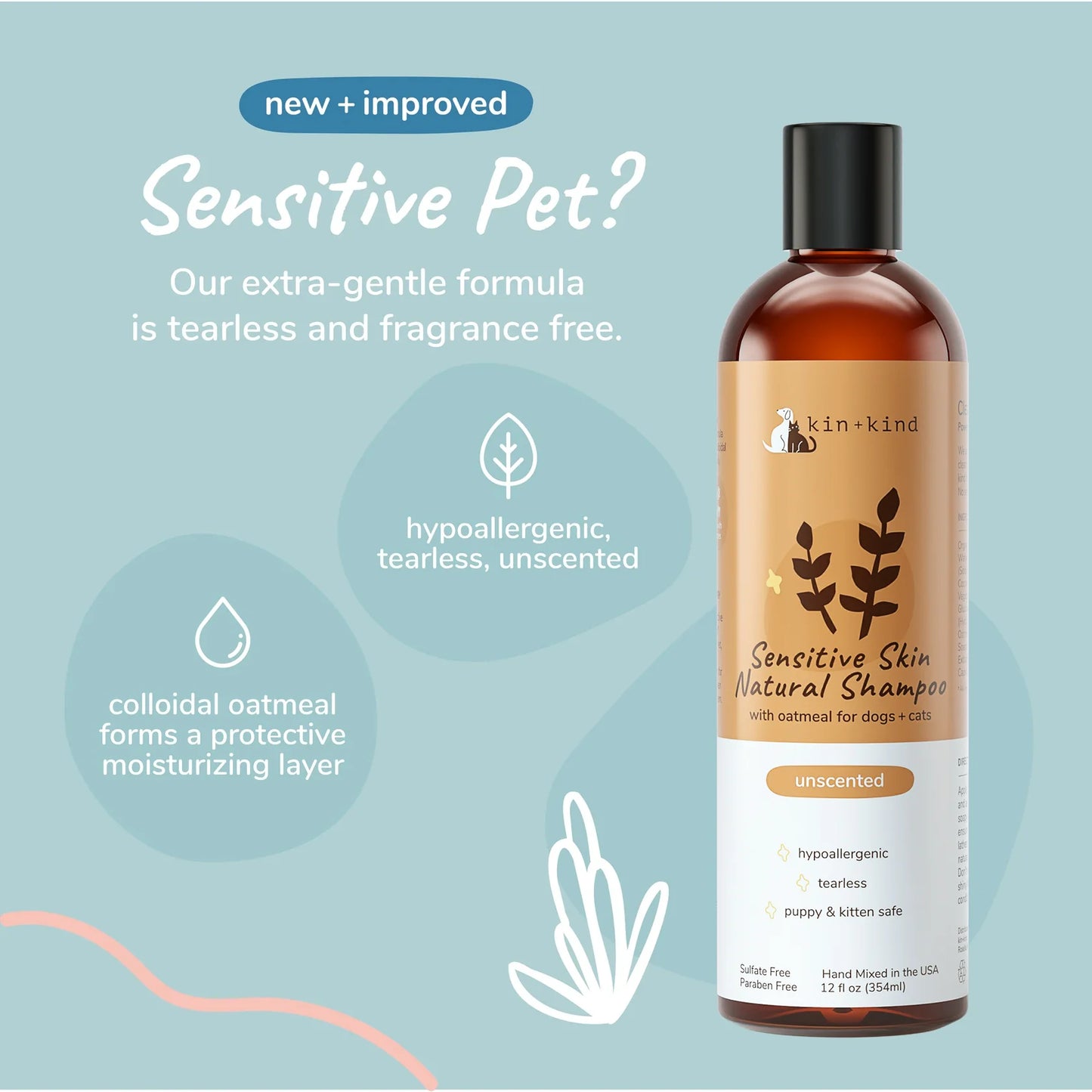 Kin+Kind Sensitive Skin Pet Shampoo for Dog & Cat- Unscented Oatmeal