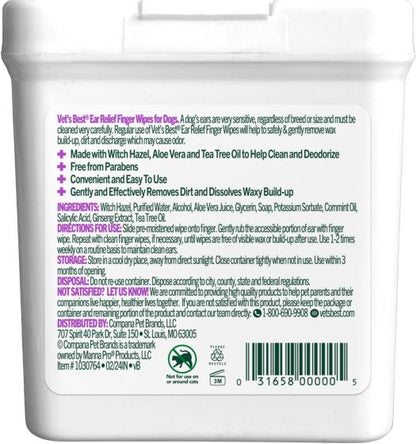 Vet's Best Ear Relief Finger Wipes For Dogs & Cats