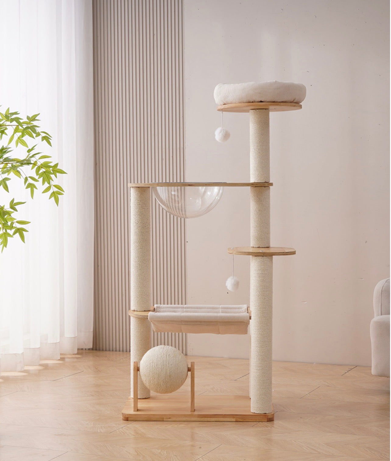 Modern Luxury Wooden Cat Tree with Acrylic Bowl & Hammock