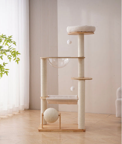 Modern Luxury Wooden Cat Tree with Acrylic Bowl & Hammock
