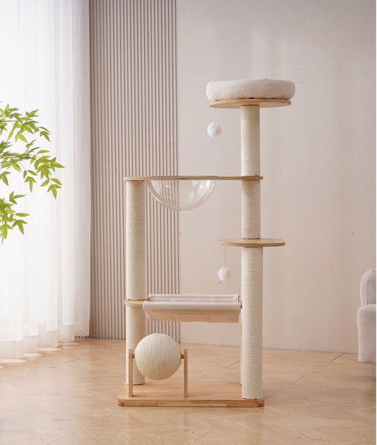 Modern Luxury Wooden Cat Tree with Acrylic Bowl & Hammock