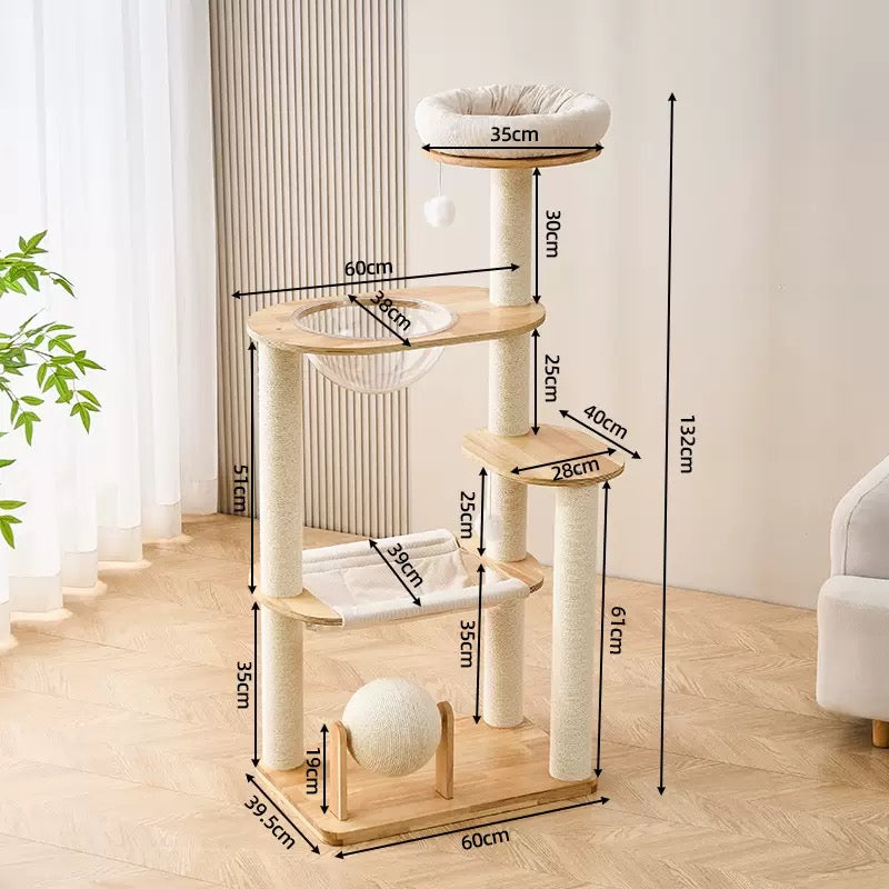 Modern Luxury Wooden Cat Tree with Acrylic Bowl & Hammock