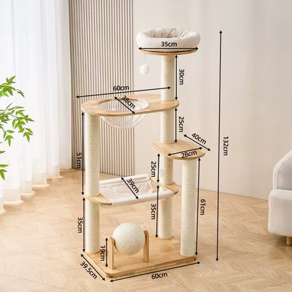 Modern Luxury Wooden Cat Tree with Acrylic Bowl & Hammock