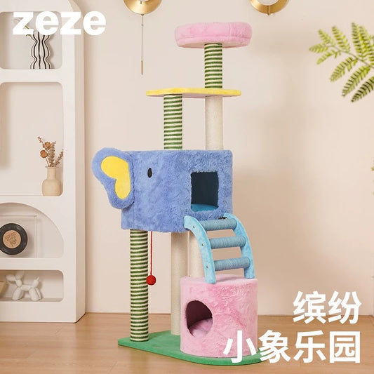 Elephant-Themed Multi-Level Cat Tree with Scratching Posts & Cozy Hideouts